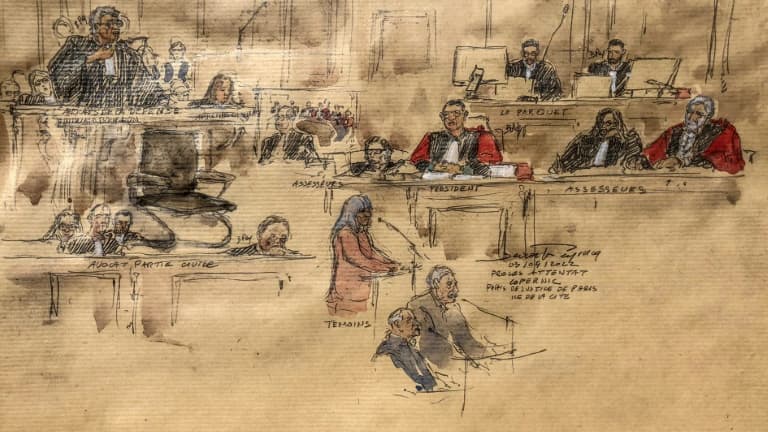 Croquis d'audience au premier jour du procès de l'attentat contre la synagogue de la rue Copernic, le 3 avril 2023 à la cour d'assises spéciale de Paris 