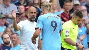 Pep Guardiola avec Erling Haaland, à Manchester le 13 août 2022
