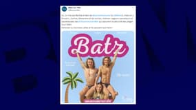Une affiche de communication inspirée du film "Barbie" pour encourager les femmes à devenir sauveteuses en mer, par la commune de Batz-sur-Mer, en Loire-Atlantique, sortie le 19 juillet 2023