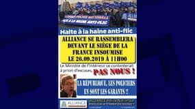 Le syndicat Alliance Police nationale appelle à manifester jeudi 26 septembre devant les locaux de La France insoumise.
