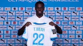 Timothy Weah lors de sa présentation à l'OM, le 07/08/2025
