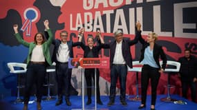 Marine Tondelier, secrétaire nationale de Les Ecologistes-EELV, Olivier Faure, premier secrétaire du parti socialiste, Eric Coquerel, député La France Insoumise et Clémentine Autain, députée du Nouveau Front populaire, lors du Campus du PS à Blois, dans le centre de la France, le 30 août 2024.