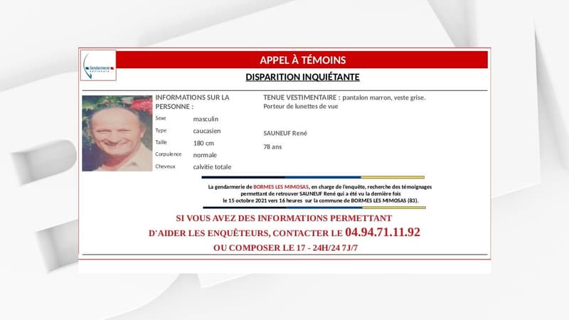 La gendarmerie du Var a lancé un appel à témoins pour retrouver un homme de 78 ans.