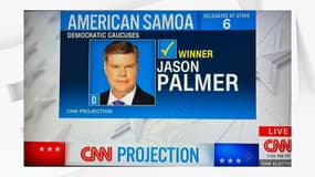 Capture d'écran CNN du résultat des primaires démocrates des Samoa américaines, le 5 mars 2024, faite par le gagnant Jason Palmer. 