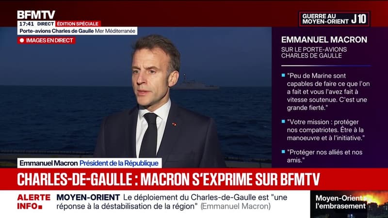 "Le porte-avions va nous permettre d'organiser des opérations d'évacuation", explique Emmanuel Macron