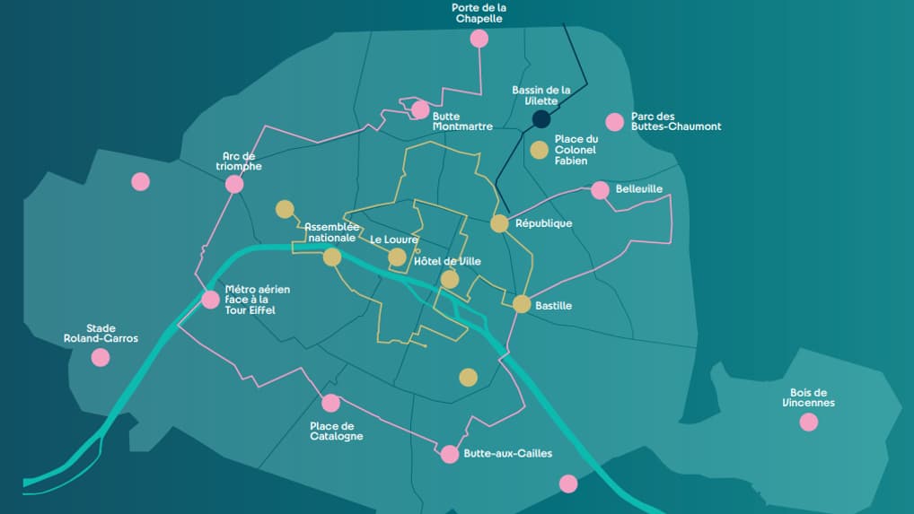 Le relais de la flamme olympique à Paris, en jaune le parcours du 14 juillet, en rose celui du 15 juillet 2024.