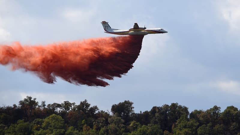 Un avion Dash largue un produit retardant sur un feu de forêt dans le Var, en août 2021 