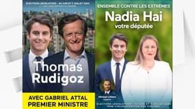 Les affiches de campagne de Thomas Rudigoz et Nadia Hai, avec Gabriel Attal, pour le premier tour des élections législatives, programmé le 30 juin 2024.