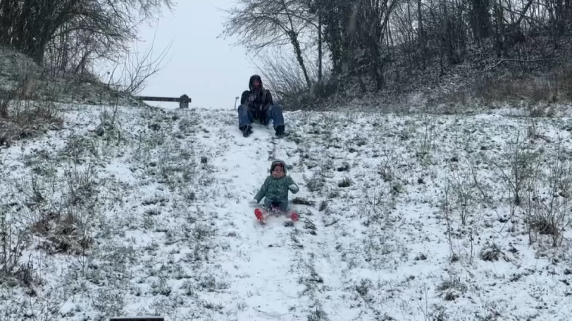 Les Lillois ont profité de la neige pour faire de la luge dans un parc.