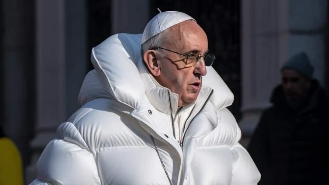 Dans l'image du pape en doudoune créée par l'IA Midjourney, la main droite du pape a une forme étrange et mal définie.