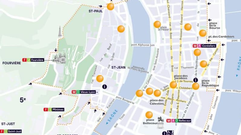 La carte des périmètres de sécurité pendant la Fête des Lumières 2023. 