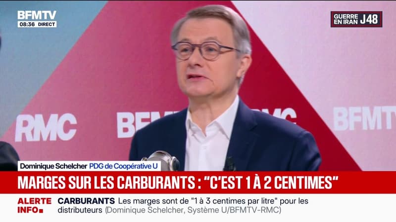 Dominique Schelcher, PDG de Coopérative U indique que son groupe fait "un, deux ou trois centimes" de marge par litre de carburant