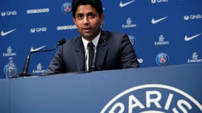 Le président qatari du Paris-SG, Nasser Al-Khelaïfi, en conférence de presse à Paris, le 12 juillet 2017