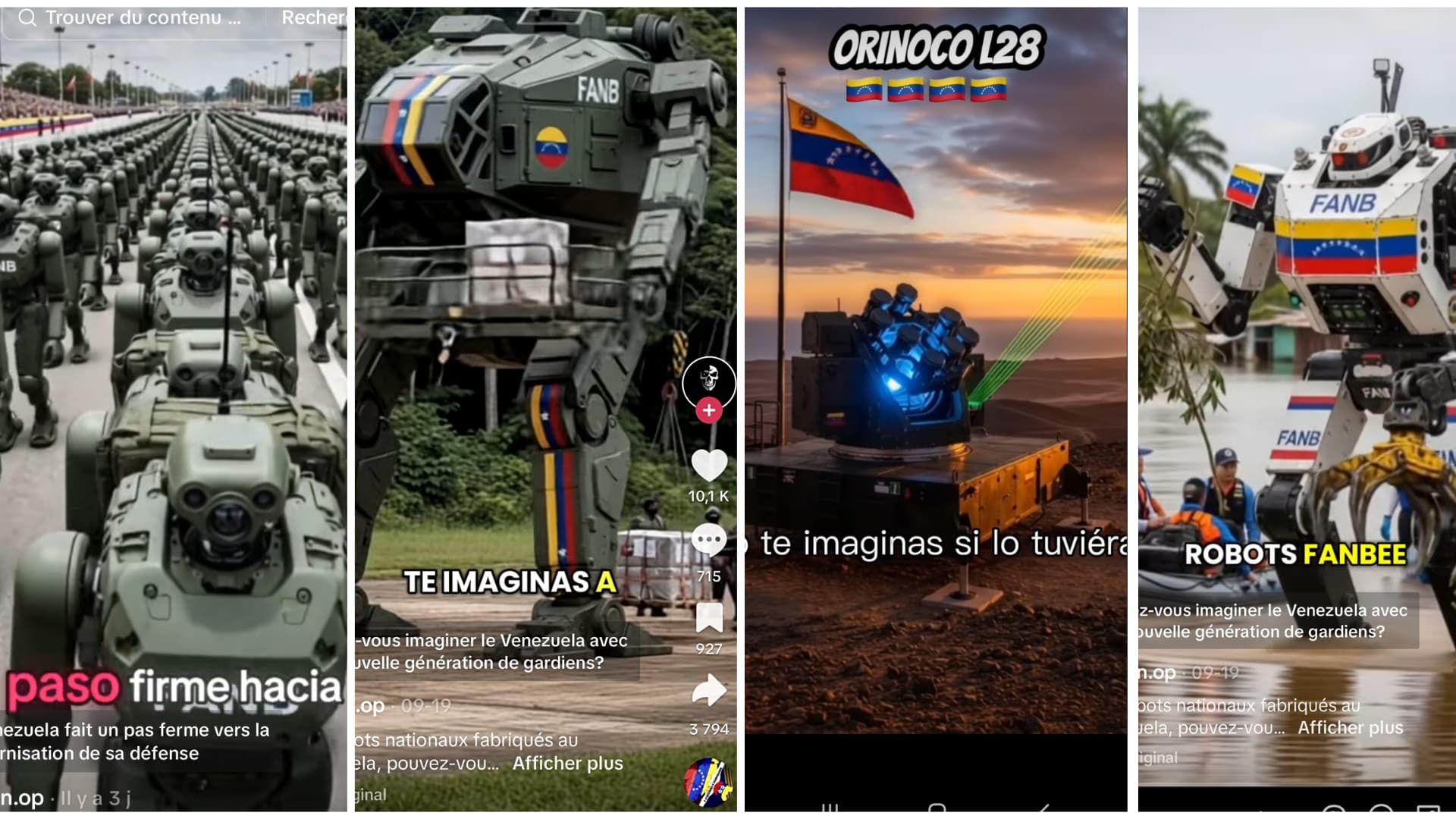 Captures d'écran de vidéos TikTok générées par des intelligences artificielles montrant des robots futuristes affiliés à l'armée vénézuélienne. Captures d'écran de vidéos TikTok générées par des intelligences artificielles montrant des robots futuristes affiliés à l'armée vénézuélienne.