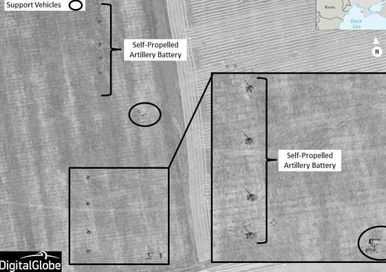 Une image satellite capturée le 23 août près de Krasnodon, dans l'Est de l'Ukraine, montre, selon l'Otan, des unités d'artillerie russes en positions de tir. 