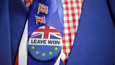Les badges d'un militant pro-Brexit, le 28 mars 2019.