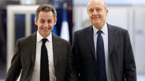 Nicolas Sarkozy et Alain Juppé, fin 2014 au siège de l'UMP à Paris, quelques jours après l'élection à la présidence du premier cité 