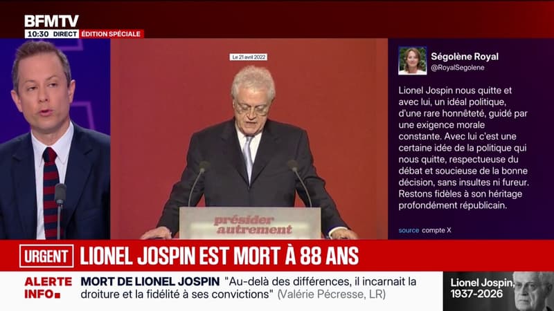 Mort de Lionel Jospin: pour Jordan Bardella, Lionel Jospin "restera dans nos mémoires comme une figure de la Ve République et (...) comme un honnête homme de gauche"
