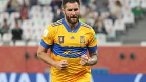 L'attaquant français du club mexicain des Tigres de Nuevo Leon, André-Pierre Gignac, exulte après son but face au club brésilien Palmeiras, à Ar-Rayyan au Qatar, le 7 février 2021