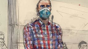 Croquis d'audience du 17 décembre 2020 du Marocain Ayoub El Khazzani, le tireur du train condamné à la réclusion à perpétuité lors du procès en première instance de l'attentat déjoué du Thalys en août 2015