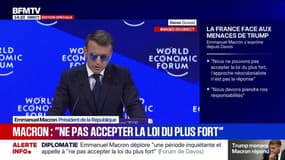 "Dans cette période de paix et d'instabilité", ironise Emmanuel Macron au début de son discours devant le Forum économique de Davos, et dénonce un "monde sans loi"