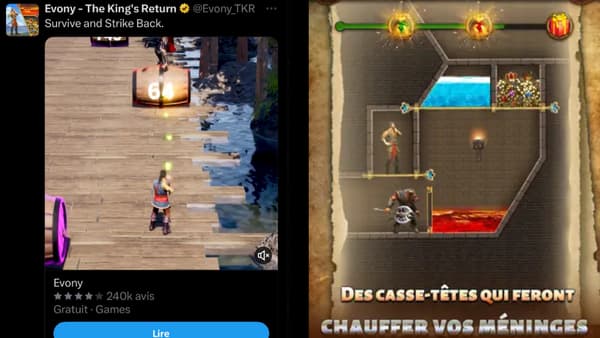 A gauche, le gameplay montré dans la publicité. A droite, le gameplay montré dans la fiche produit du jeu sur l'App Store.