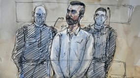 Croquis d'audience de Nordahl Lelandais (c) lors de son procès pour le meurtre de Maëlys de Araujo, le 31 janvier 2022 à la cour d'assises de Grenoble