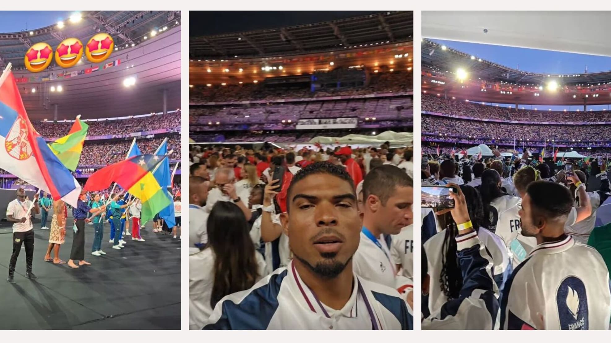 Jules Bouyer, Luka Mkheidze et Yannick Borel depuis l'intérieur du Stade de France pendant la cérémonie de clôture des JO. Jules Bouyer, Luka Mkheidze et Yannick Borel depuis l'intérieur du Stade de France pendant la cérémonie de clôture des JO.
