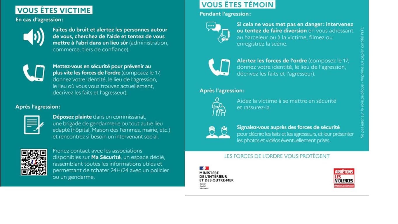 Les recommandations du flyer du ministère de l'Intérieur contre le harcèlement de rue Les recommandations du flyer du ministère de l'Intérieur contre le harcèlement de rue