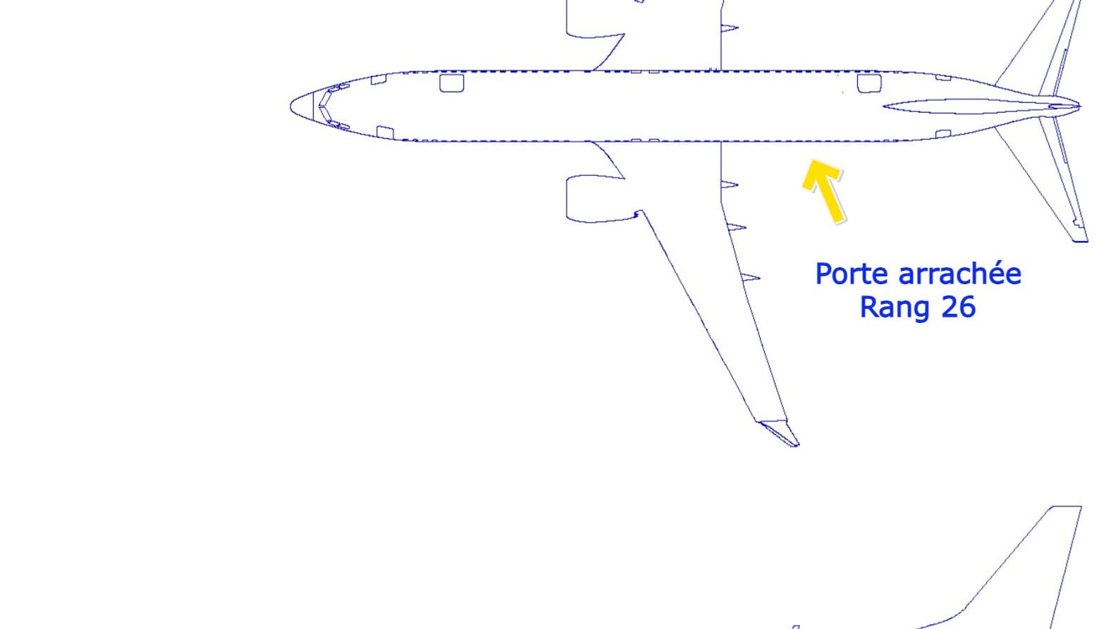 Plan du Boeing 737 MAX 9, modèle de l'accident du 5 janvier 2024 où une porte a été arrachée au rang n°26. Plan du Boeing 737 MAX 9, modèle de l'accident du 5 janvier 2024 où une porte a été arrachée au rang n°26.