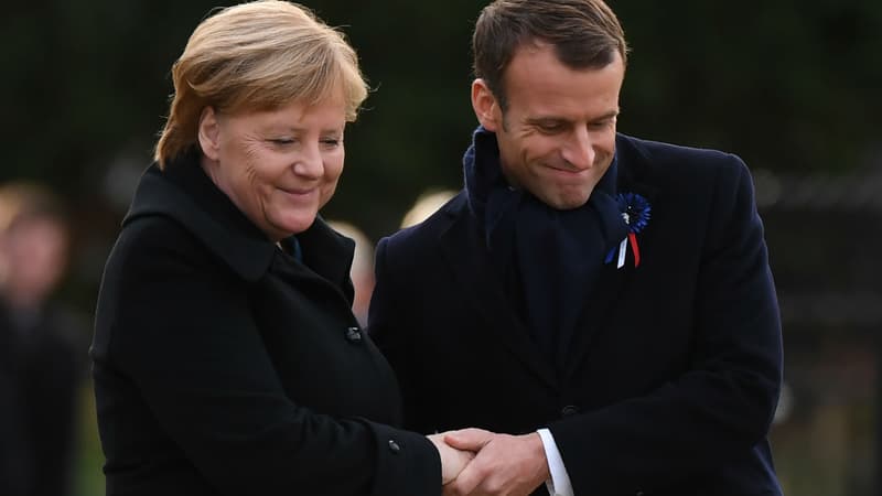 Angela Merkel et Emmanuel Macron lors des commémorations du centenaire de l'armistice à Rethondes, le 10 novembre 2018
