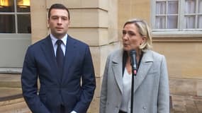 Jordan Bardella et Marine Le Pen à la sortie de leur réunion avec le nouveau Premier ministre François Bayrou ce lundi 16 décembre 2024