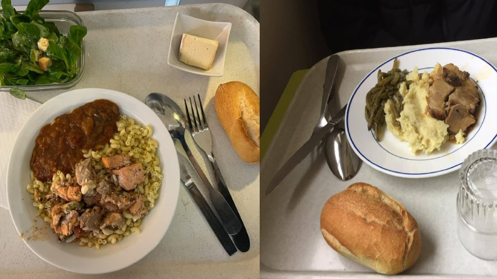 Deux plateaux-repas de collèges en Essonne, à gauche fournie par Jérôme Béranger, en charge des collèges au conseil départemental et à droite capté par la présidente de l'association de parents d'élève Cape91.