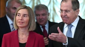 Le ministre russe des Affaires étrangères, Sergueï Lavrov, le 24 avril 2017 lors d'une conférence de presse avec son homologue européenne, Federica Mogherini à Moscou