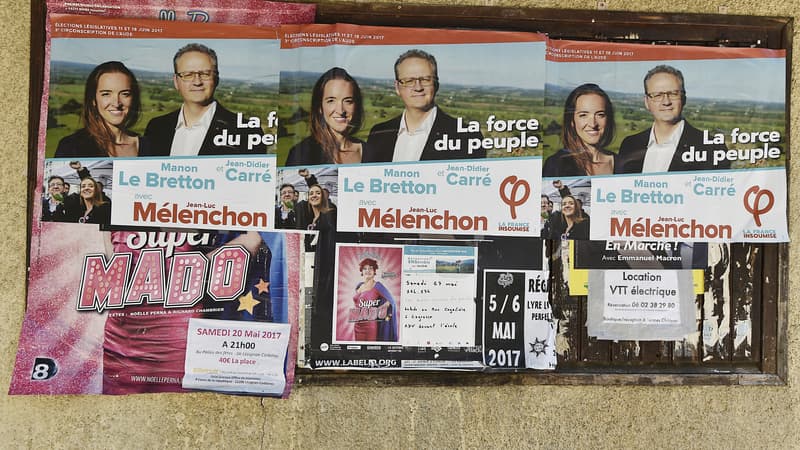 Des affiches "France insoumise" dans le sud pourvues de la photo de Jean-Luc Mélenchon. 