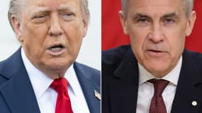 Donald Trump le 23 avril 2025 à Washington DC et le premier ministre canadien Mark Carney à Ottawa, le 2 mai 2025.