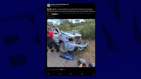 Capture d'écran du compte X de Bonjour Saint Christophe / @alosaocristovao. Sur l'image, on aperçoit la voiture du couple de Français ayant perdu la vie dans l'accident. Le pick-up gris aurait été retrouvé dans une mare au bord de l'autoroute.