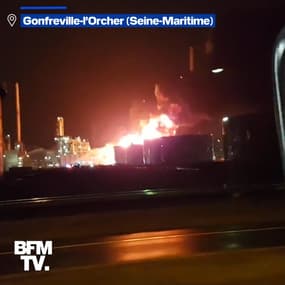 Les images de l’incendie survenu cette nuit dans une raffinerie Total à Gonfreville-l'Orcher