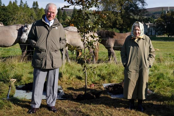Elżbieta II i książę Karol, 1 października 2021 r., sadzą drzewo dla Queen's Green Canopy, inicjatywy na cześć platynowego jubileuszu królowej