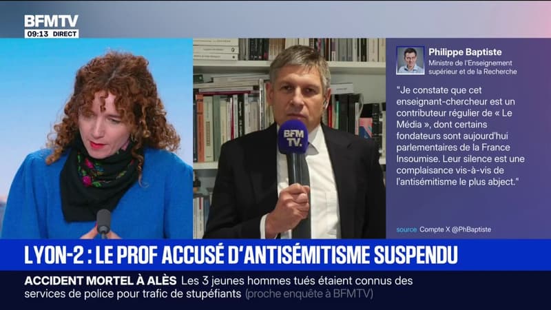 Prof accusé d'antisémitisme suspendu à Lyon-2: "C'était le minimum qu'elle puisse faire", estime le maître de conférence Fabrice Ballanche à propos de la présidente de l'université