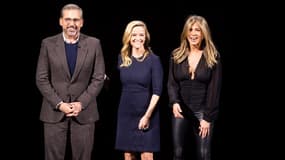 Les acteurs Steve Carell, Reese Witherspoon and Jennifer Aniston présents lors de la Keynote. Ils seront à l'affiche de "The Morning Show", série produite en exclusivité pour Apple.