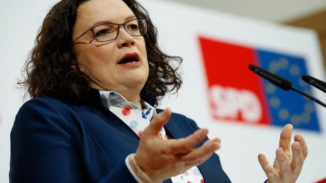 Andrea Nahles, la chef du SPD, en conférence de presse à Berlin le 11 février pour dévoiler le nouveau programme social du parti.