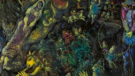 Une huile de Marc Chagall, "Bestiaire et Musique" (1969), a été adjugée pour 4,18 millions de dollars lors d'une vente aux enchères lundi à Hong Kong. Ce prix constitue un nouveau record de vente pour une peinture occidentale en Asie. /Photo prise le 5 oc