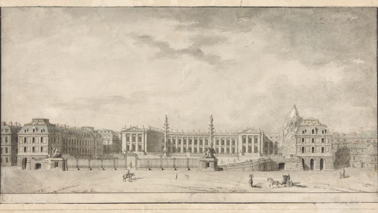 Proposition de façade pour le Grand Projet de reconstruction du château de Versailles, ornée de grandes colonnes rostrales, vers 1785
© Château de Versailles, Dist. RMN / © Christophe Fouin