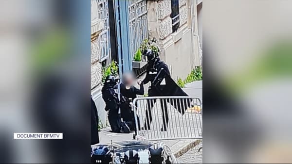 Photographie de l'arrestation du suspect qui affirmait transporter des explosifs dans le consulat iranien à Paris le 19 avril 2024.