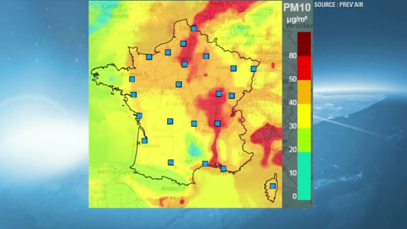 En rouge les prévisions de zones le plus polluées pour vendredi.