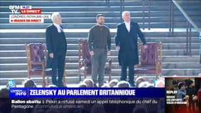 Le président ukrainien Volodymyr Zelensky arrive devant les parlementaires britanniques