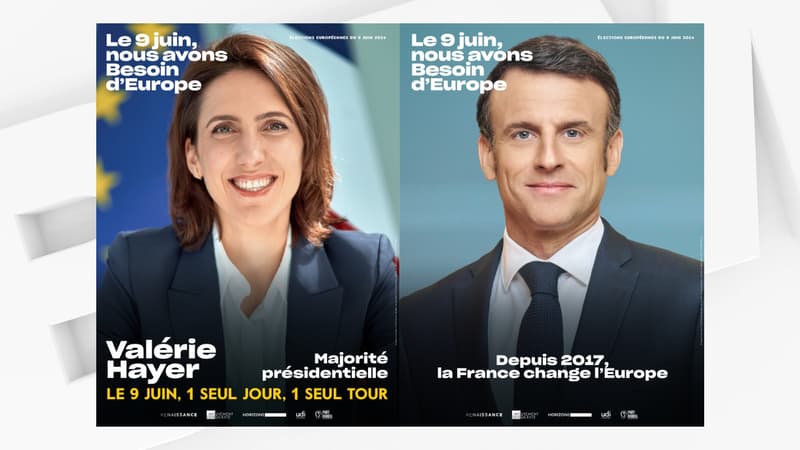 DOCUMENT BFMTV. Emmanuel Macron sur une affiche de campagne de Renaissance pour les européennes