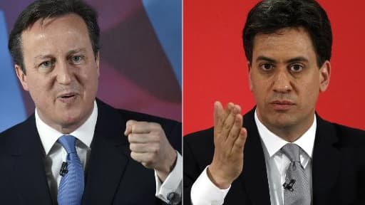 Montage de deux portraits du Premier ministre David Cameron et du chef des travaillistes Ed Miliband