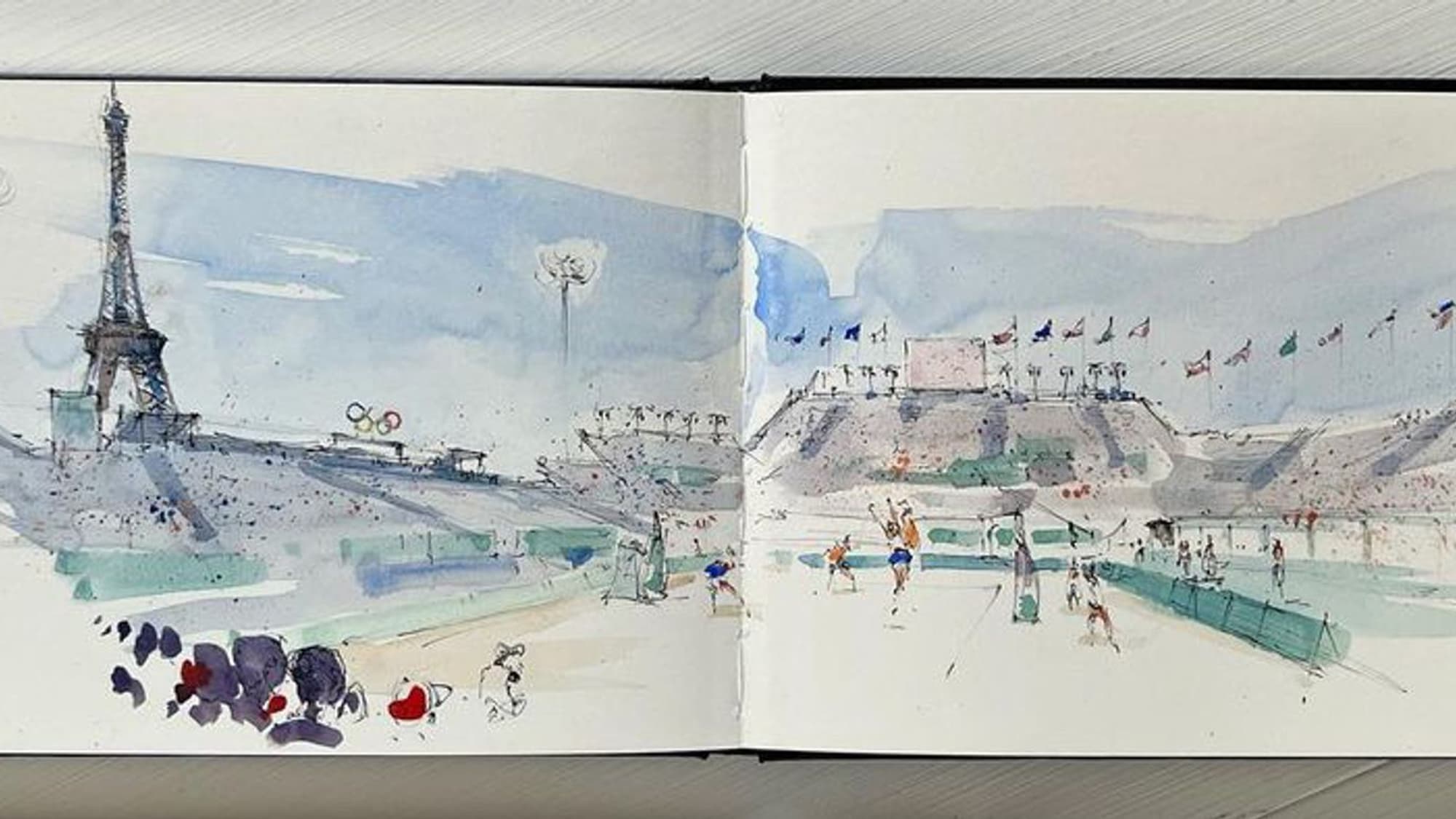 Le dessin réalisé à l'aquarelle par un artiste américain lors d'un match de beach volley.